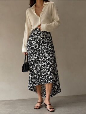 J.Crew Floral Midi Skirt Size Large Black and White Asymmetrical Hem